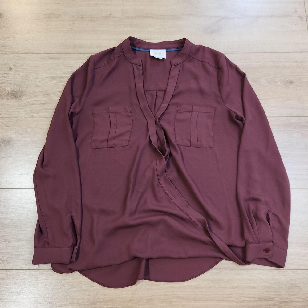Maeve Faux Wrap Blouse Womens 2 Dark Red Long Sleeve V Neck Pleated Tunic